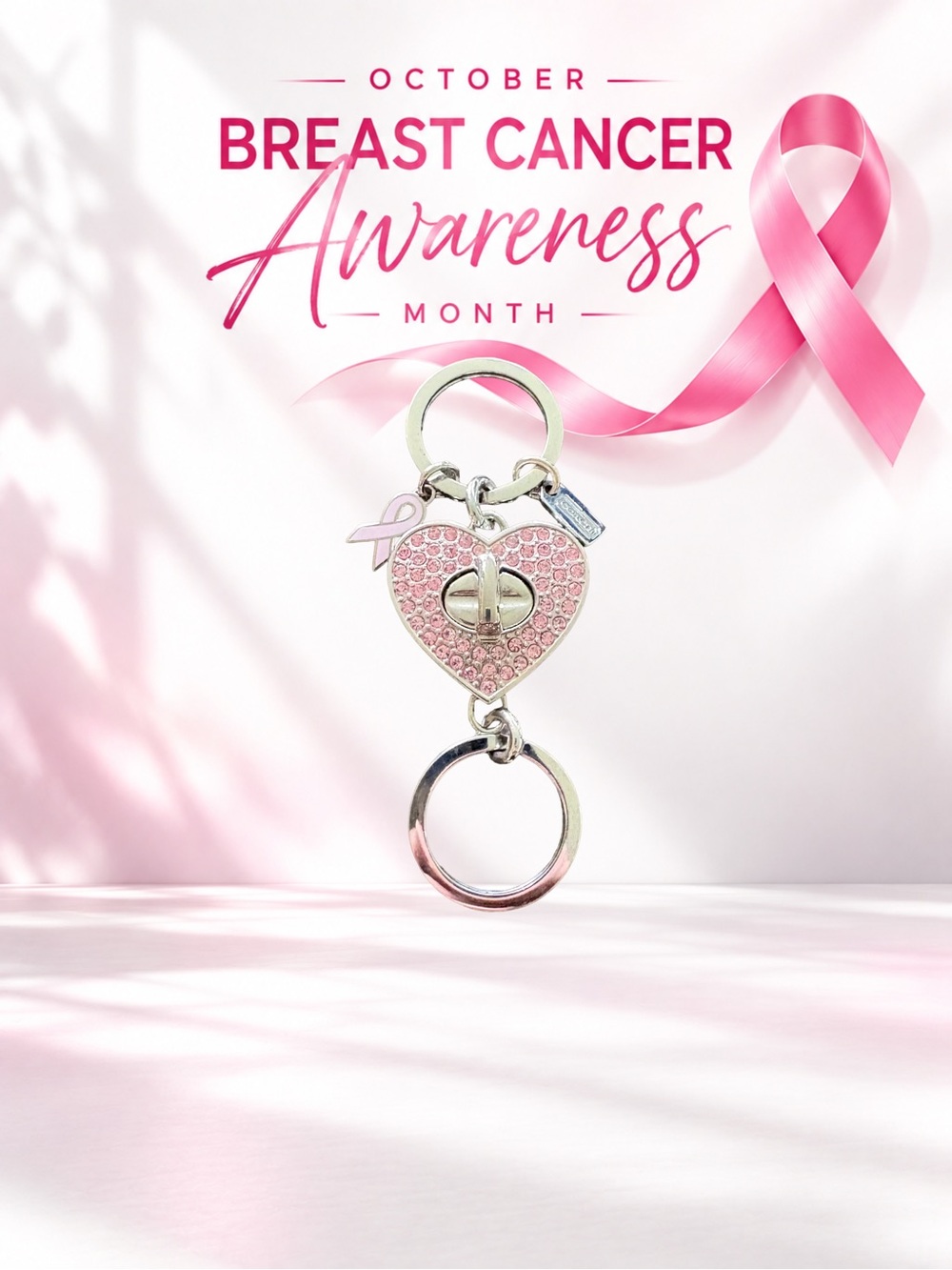 🎀Coach Crystal Heart Turnlock Valet Bag Charm - Breast Cancer Awareness